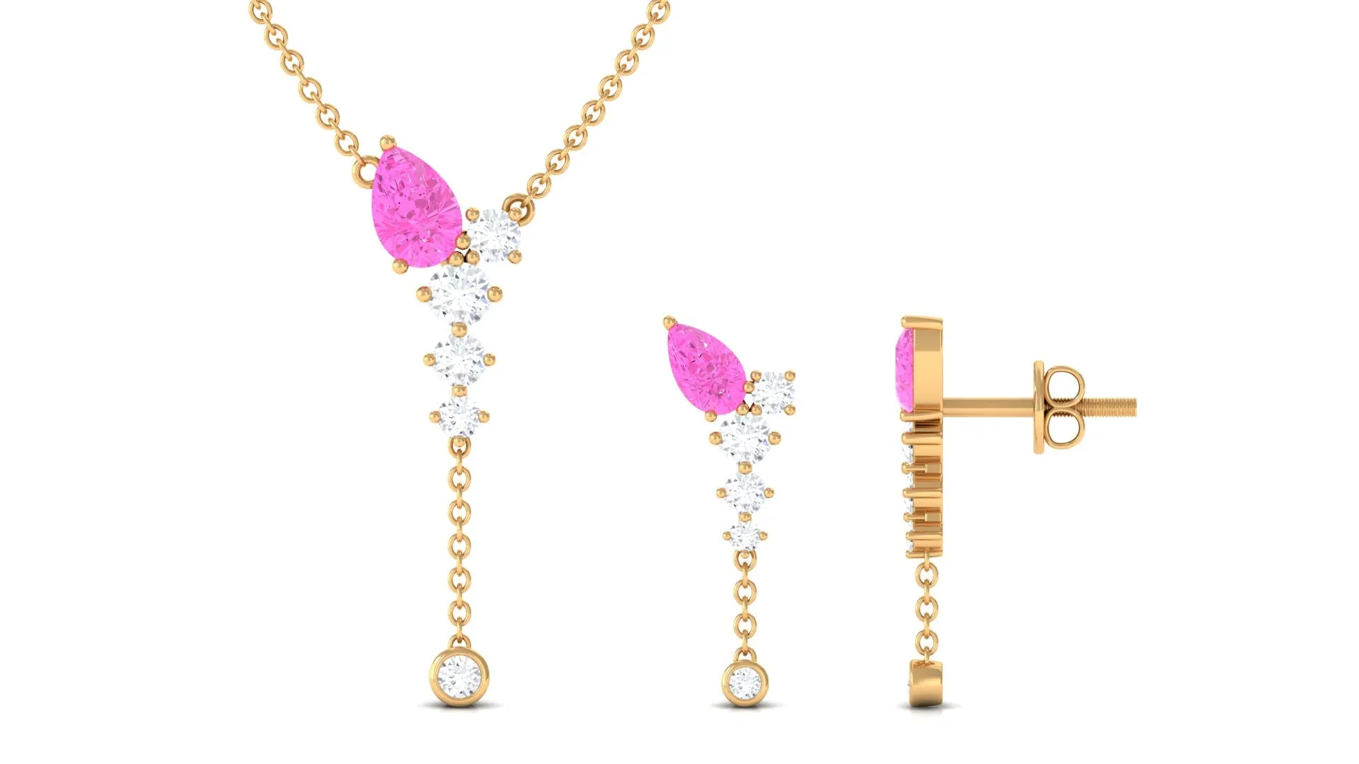 Minimal Pink Sapphire Dangle Necklace and Earrings Set with Diamond