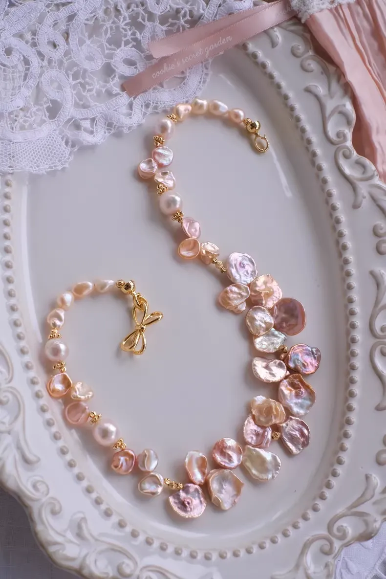 【Monet Garden Collection】 Handmade Oil Painting Petal Baroque Pearl Necklace