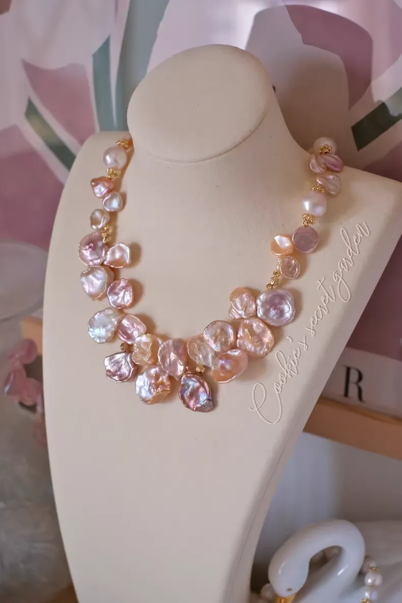 【Monet Garden Collection】 Handmade Oil Painting Petal Baroque Pearl Necklace