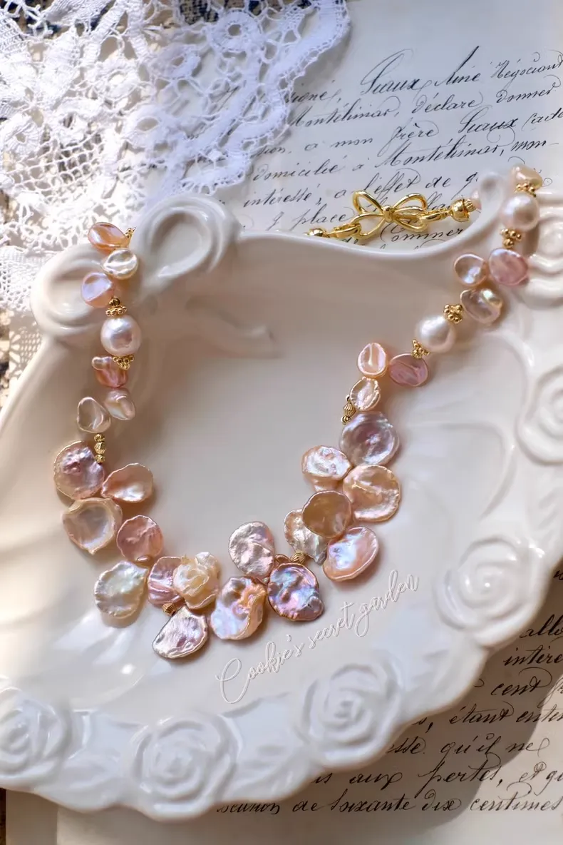 【Monet Garden Collection】 Handmade Oil Painting Petal Baroque Pearl Necklace