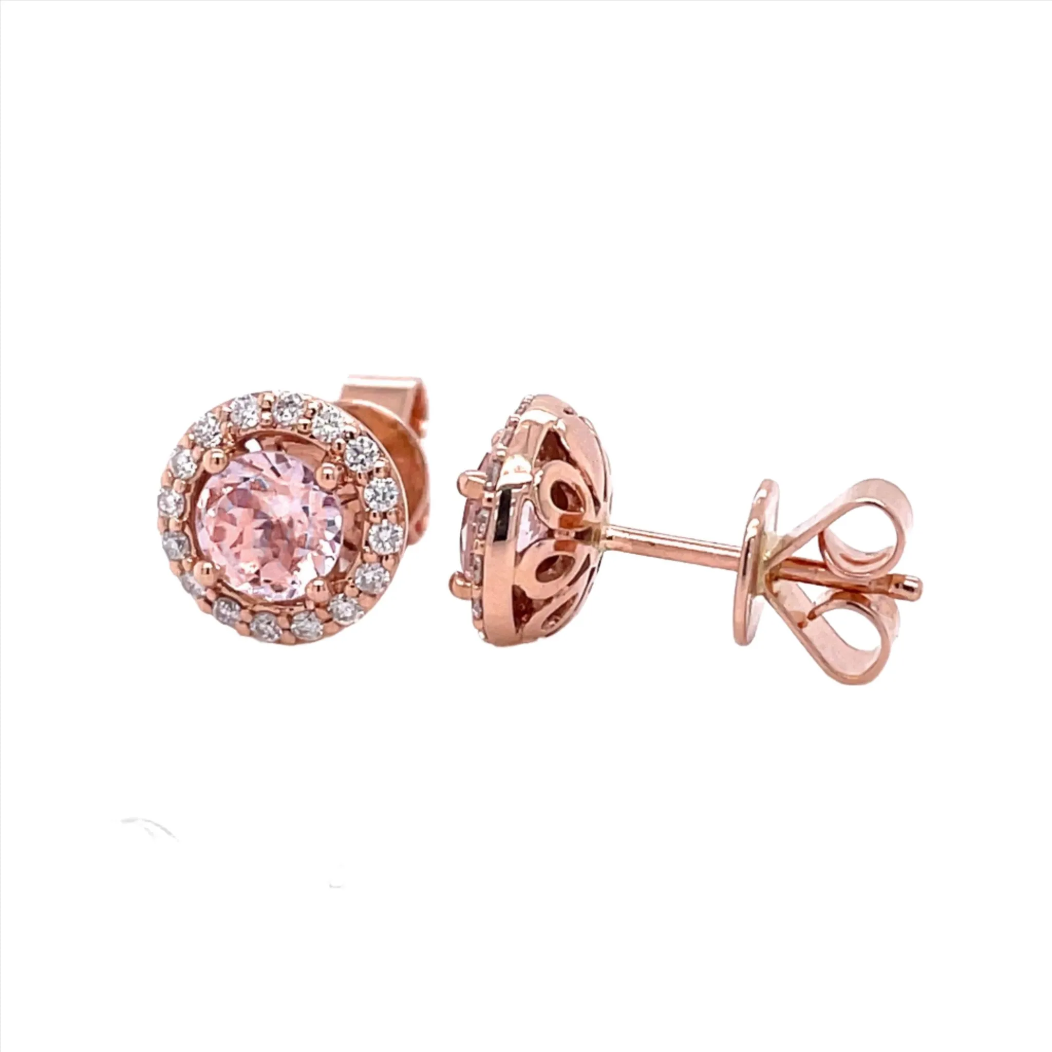 Morganite Diamond Halo Earrings 14K Rose Gold Round Morganite Studs