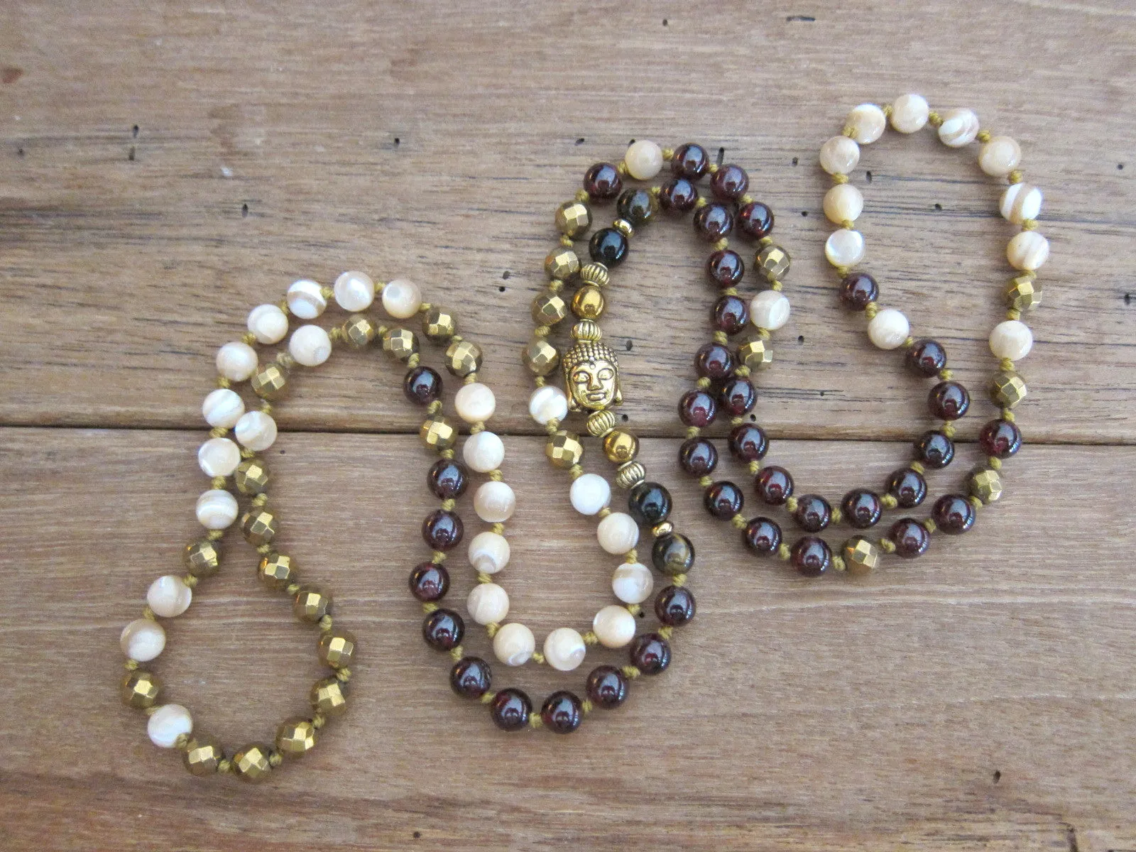 Mother of Pearl, Red Garnet, Gold Hematite Boho Necklace