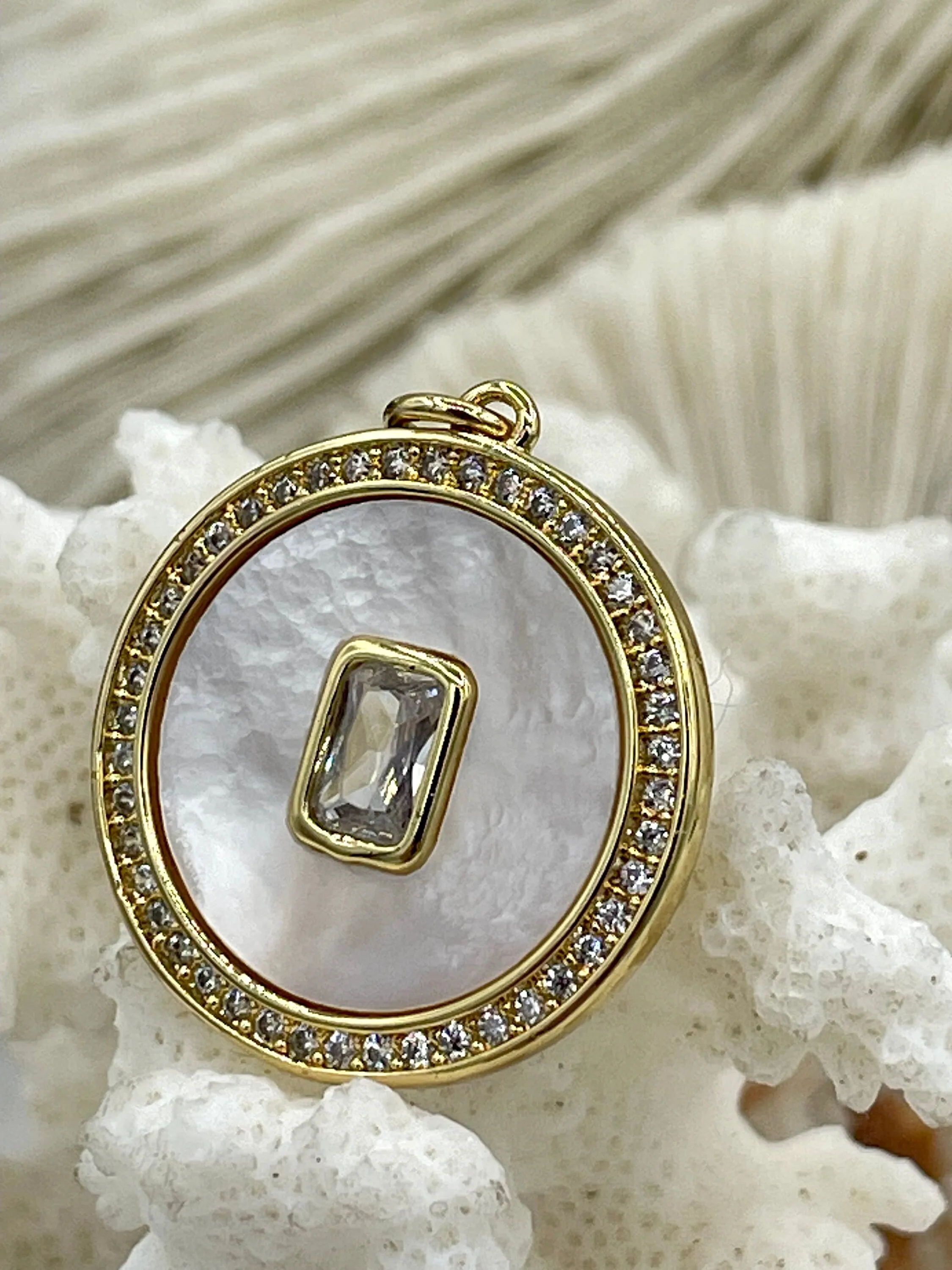 Mother of Pearl Round CZ Charm with Colorful Rectangle Center Stone, Cubic Zirconia charm, MOP Charms, Plated Brass 4 styles, Fast Ship