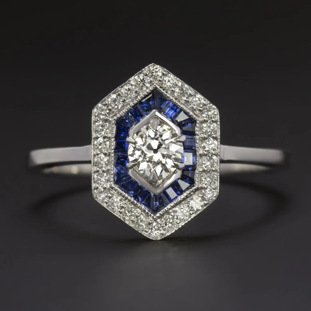 OLD EUROPEAN CUT DIAMOND SAPPHIRE RING VINTAGE ART DECO STYLE HALO WHITE GOLD