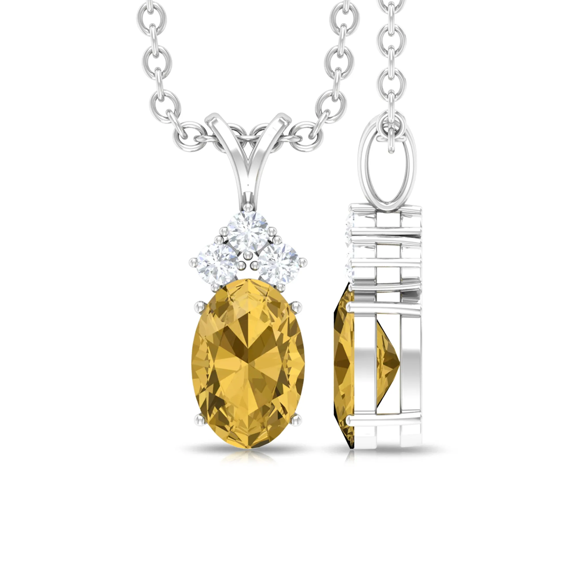 Oval Cut Citrine Minimal Pendant with Diamond Trio