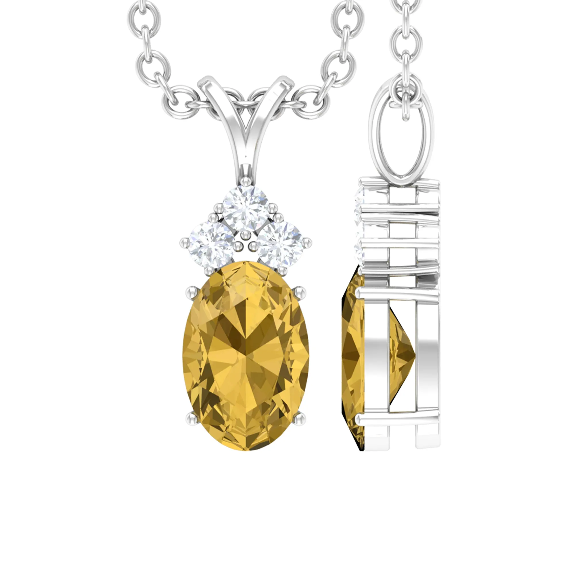 Oval Cut Citrine Minimal Pendant with Diamond Trio