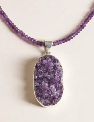 Oval Druzy Amethyst Pendant Beaded Necklace - One of a Kind