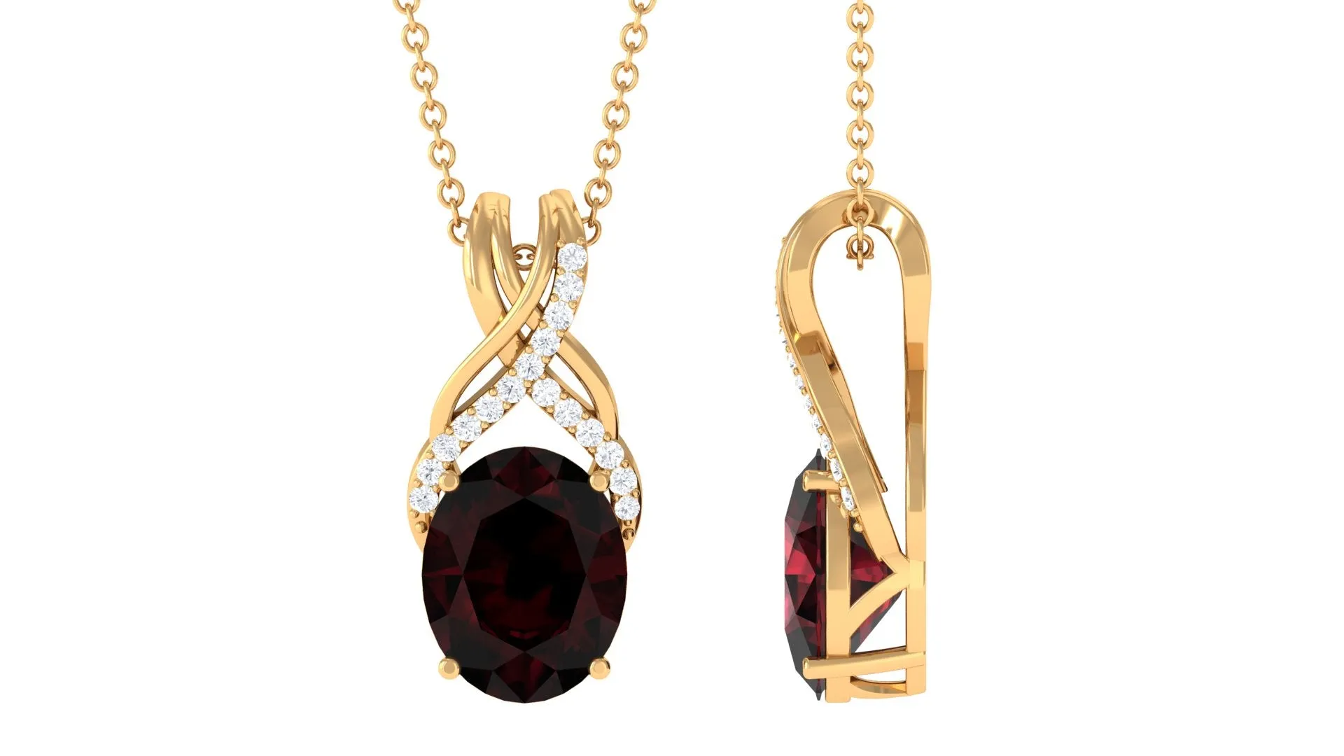 Oval Shape Garnet Solitaire Pendant Necklace with Diamond