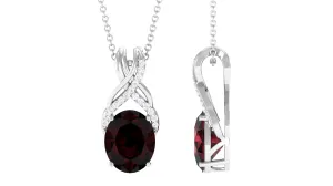 Oval Shape Garnet Solitaire Pendant Necklace with Diamond