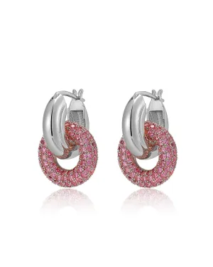 Pave Interlock Hoops- Pink- Silver