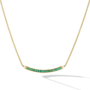 Petite Pavé Bar Necklace 18K Yellow Gold with Emeralds, 1.25mm