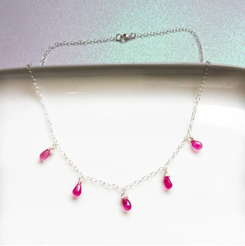 Pink Sapphire Teardrop Choker Necklace in Gold or Silver (16 inches)