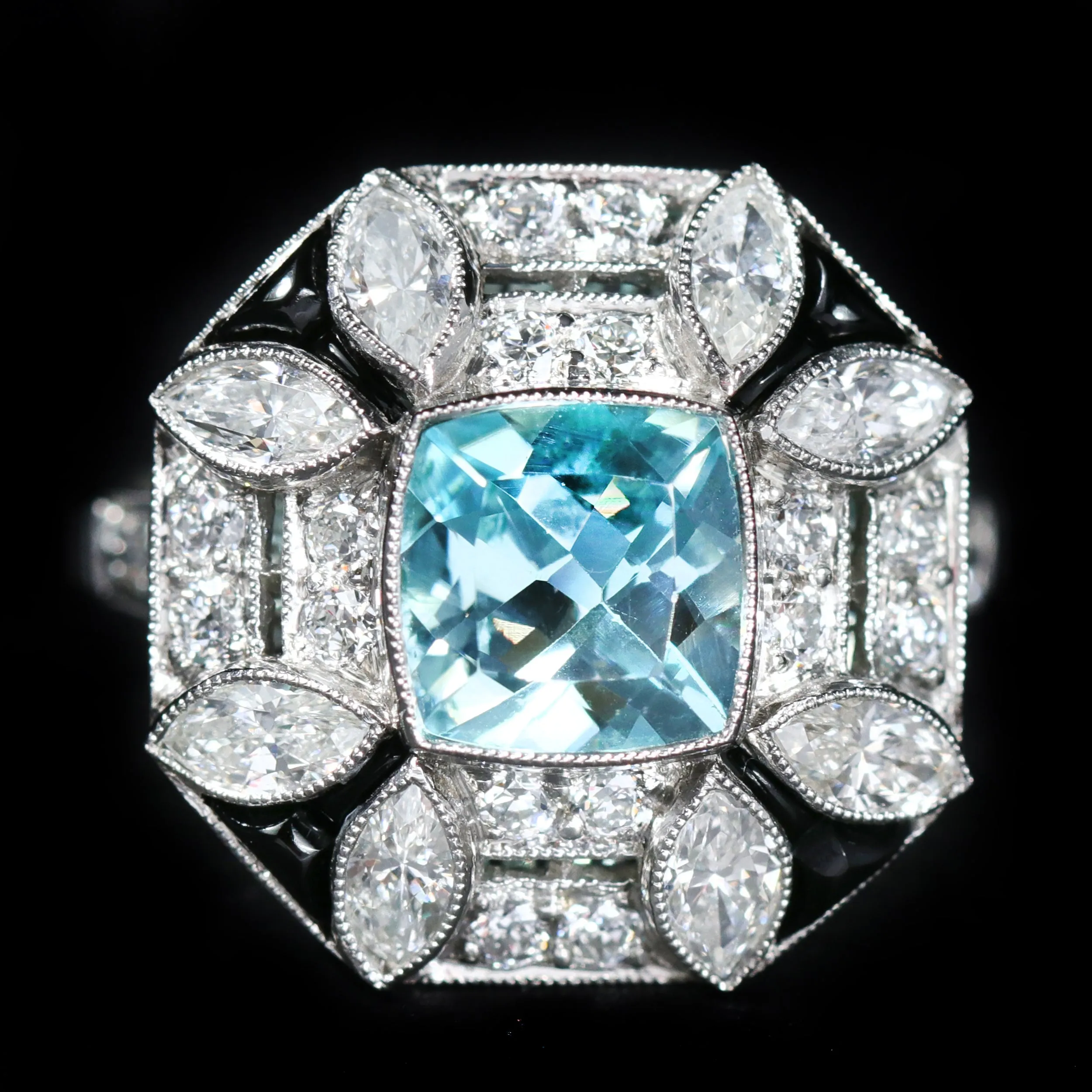 Platinum GIA 1.35 Carat Paraiba Tourmaline, Diamond, and Onyx Ring