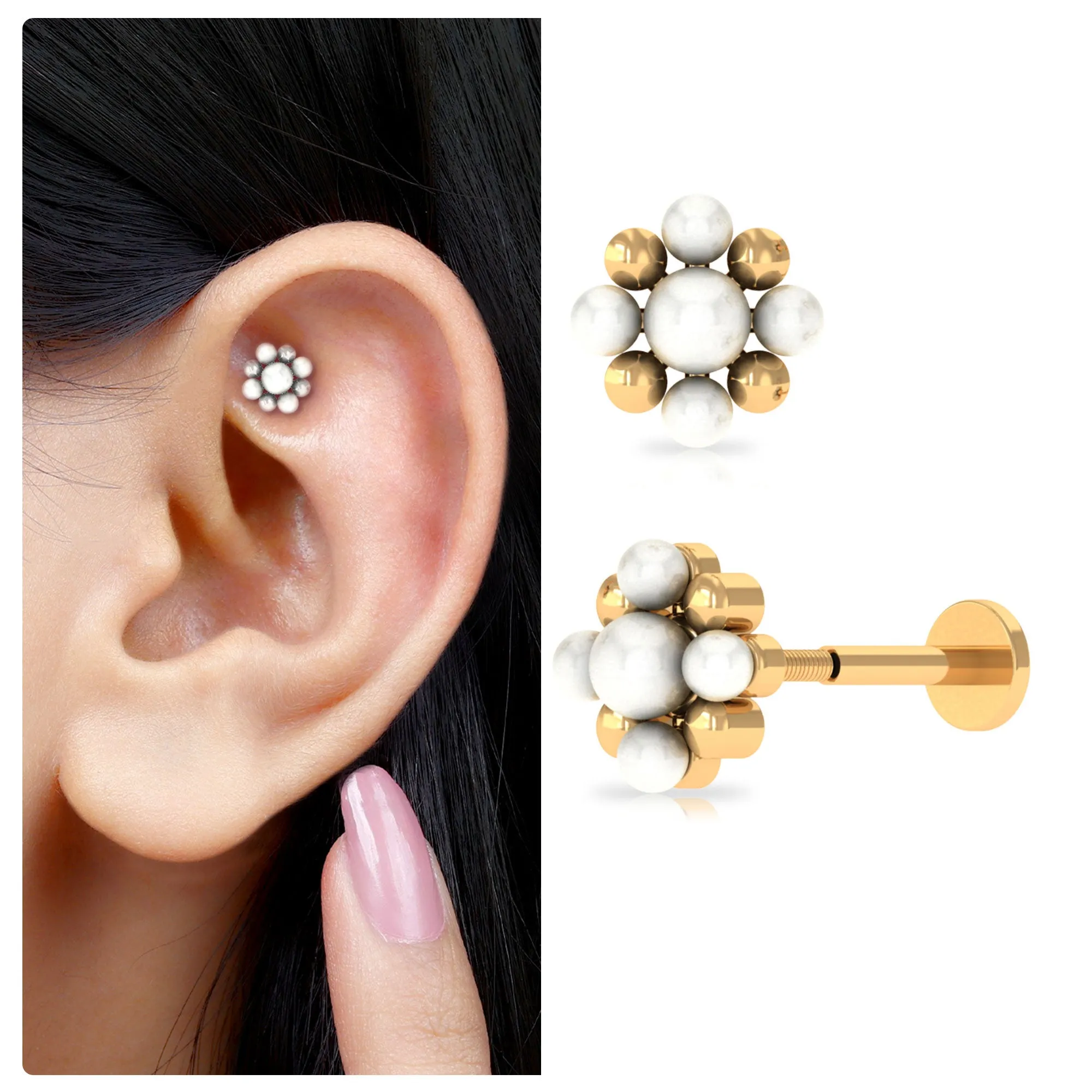 Real Freshwater Pearl Gold Beaded Flower Cartilage Earring