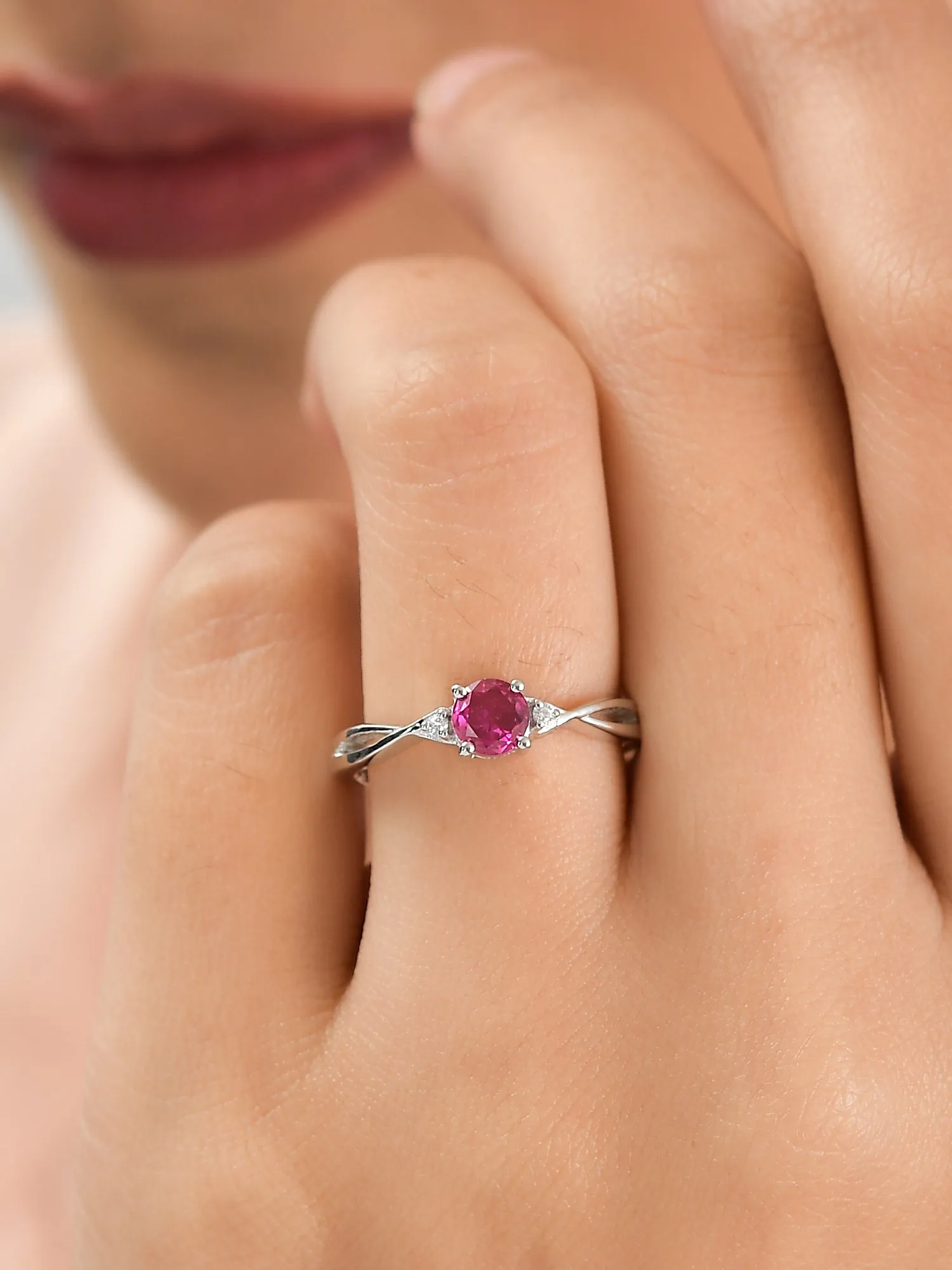 Red Ruby Criss Cross Solitaire Adjustable Ring In Pure 925 Silver