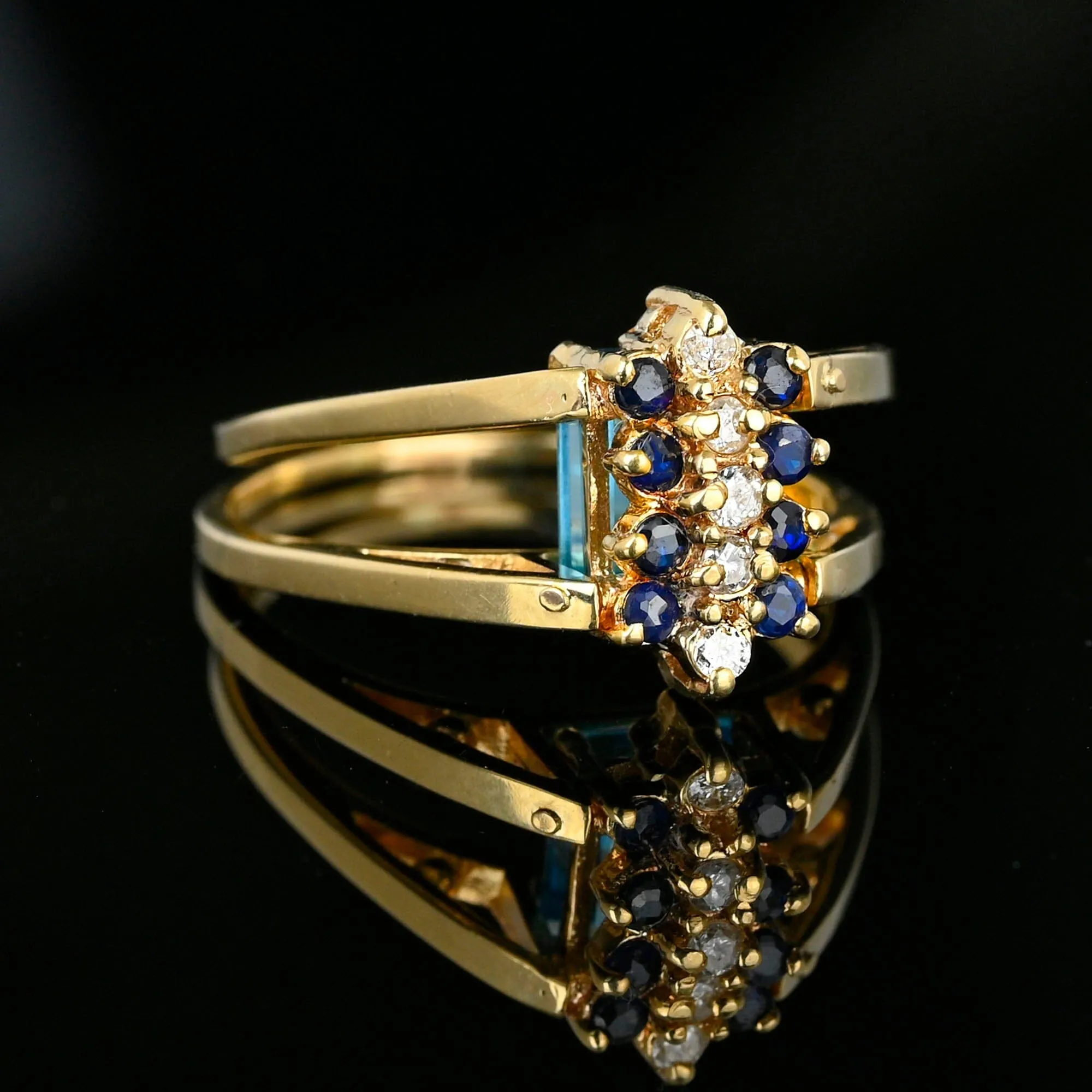 Reversible Blue Topaz Sapphire Diamond Cluster Flip Ring in 14k Gold