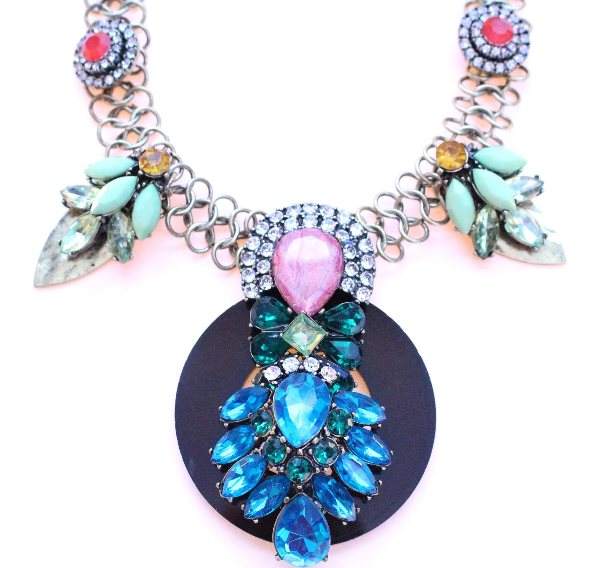 Royal Jeweled Mix Statement Necklace- Multi Brights