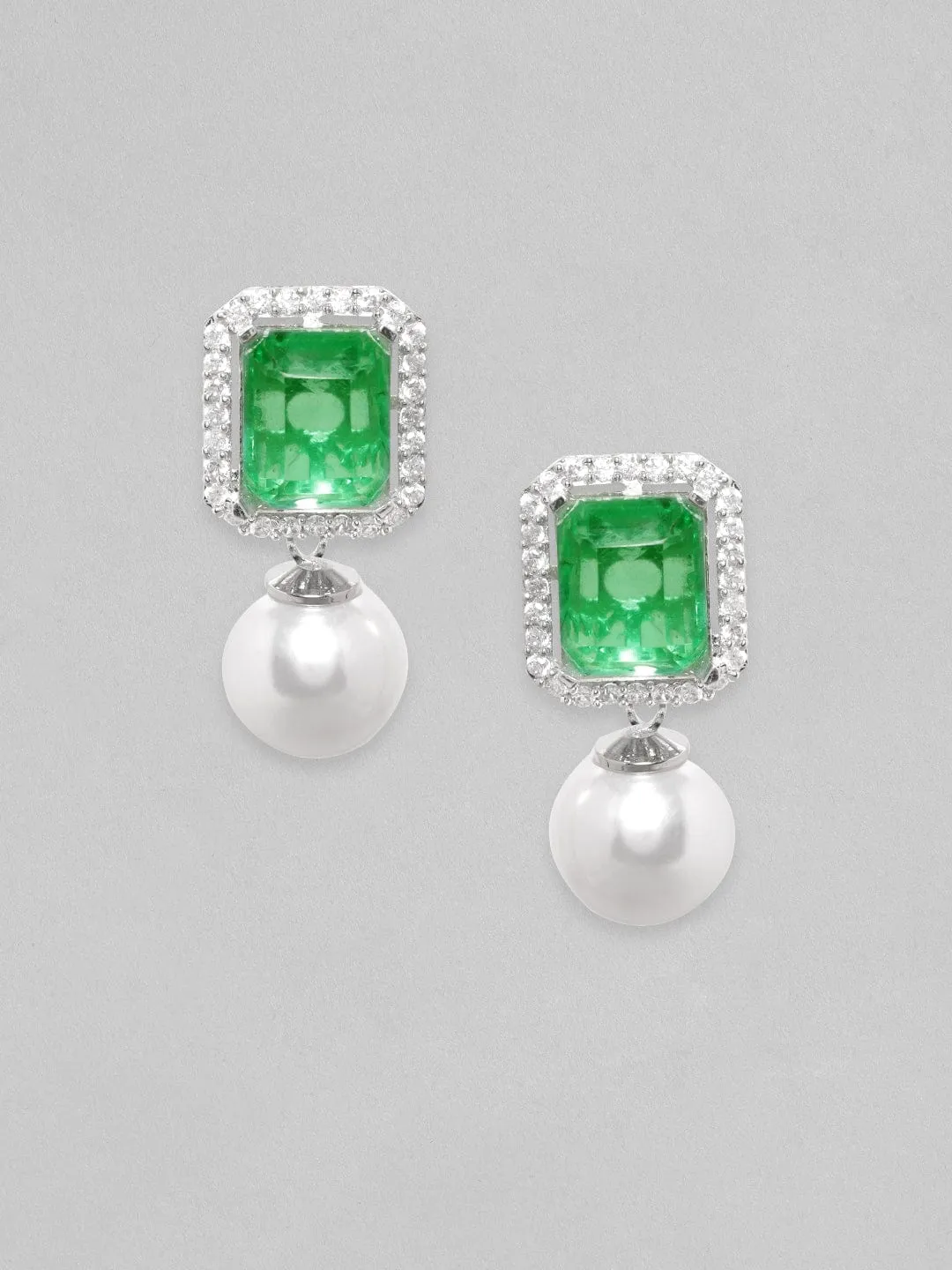 Rubans Rhodium Plated Emerald Green Doublet Pearl Drop Stud Earrings