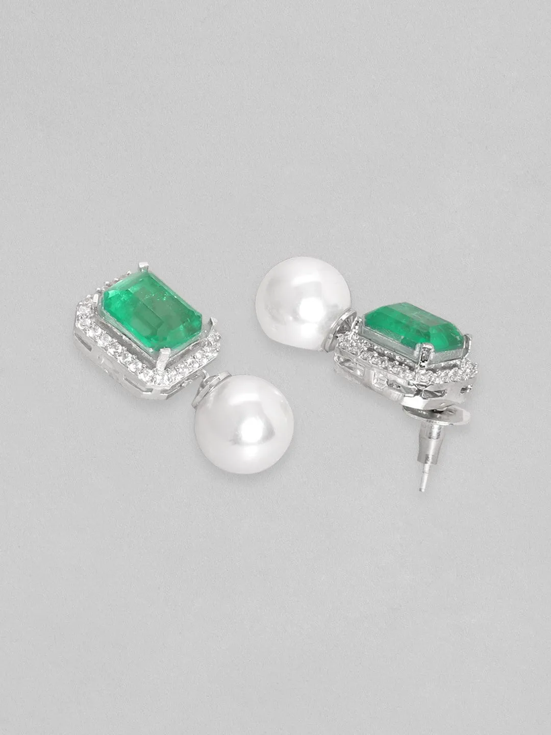 Rubans Rhodium Plated Emerald Green Doublet Pearl Drop Stud Earrings