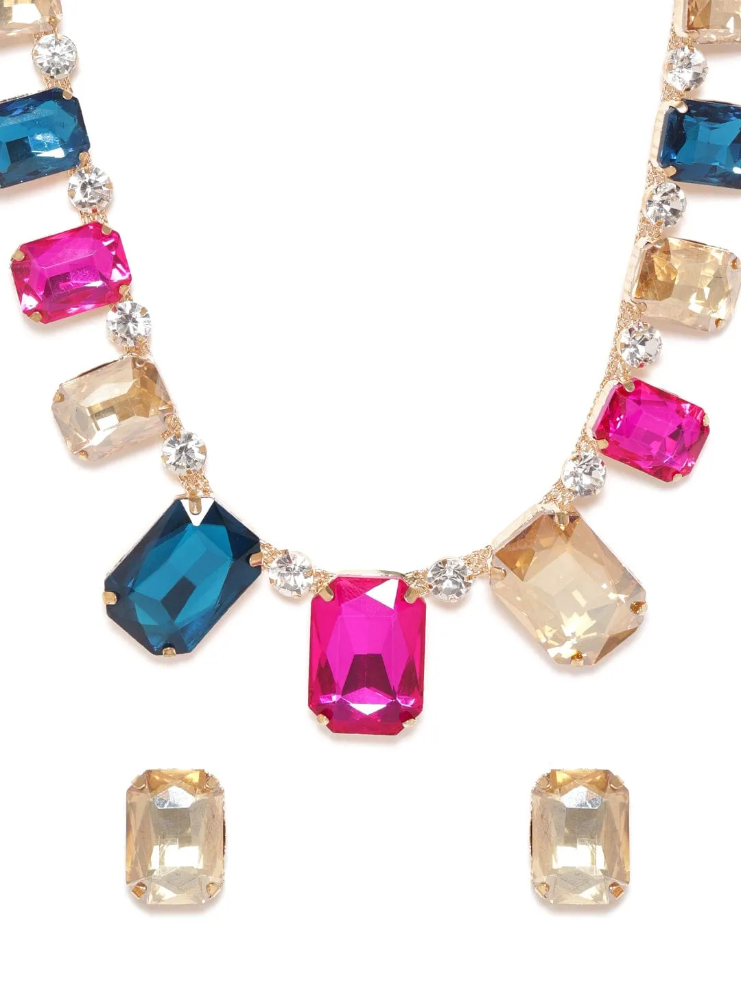 Rubans Voguish Gold plated Pink & Blue Zirconia Statement Necklace Set