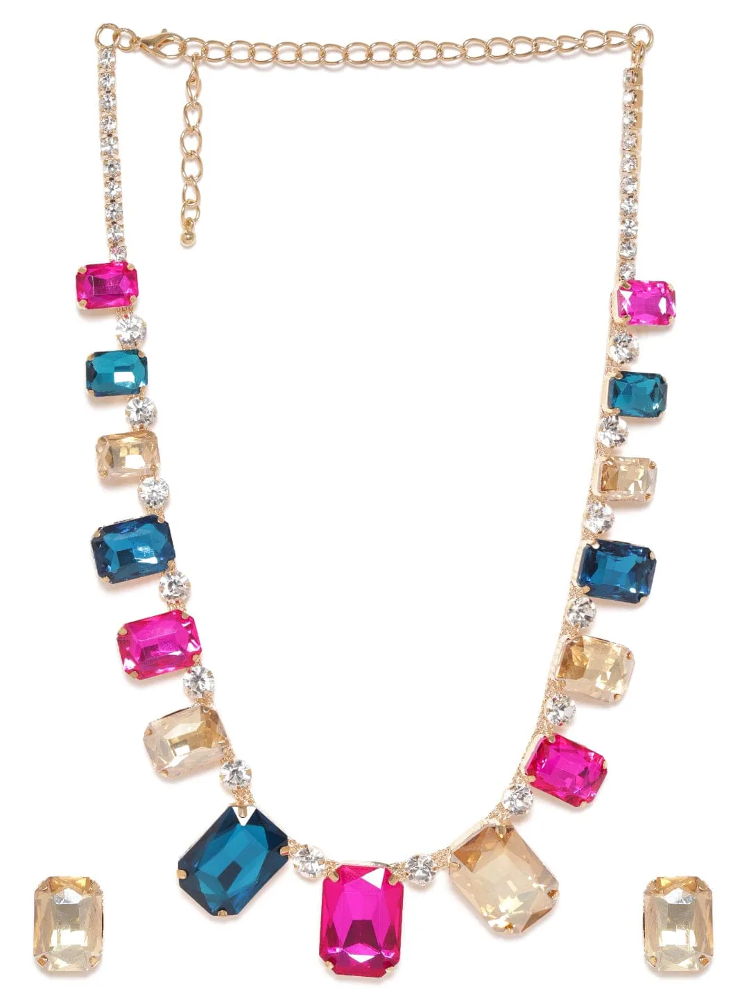 Rubans Voguish Gold plated Pink & Blue Zirconia Statement Necklace Set