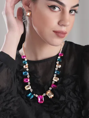 Rubans Voguish Gold plated Pink & Blue Zirconia Statement Necklace Set