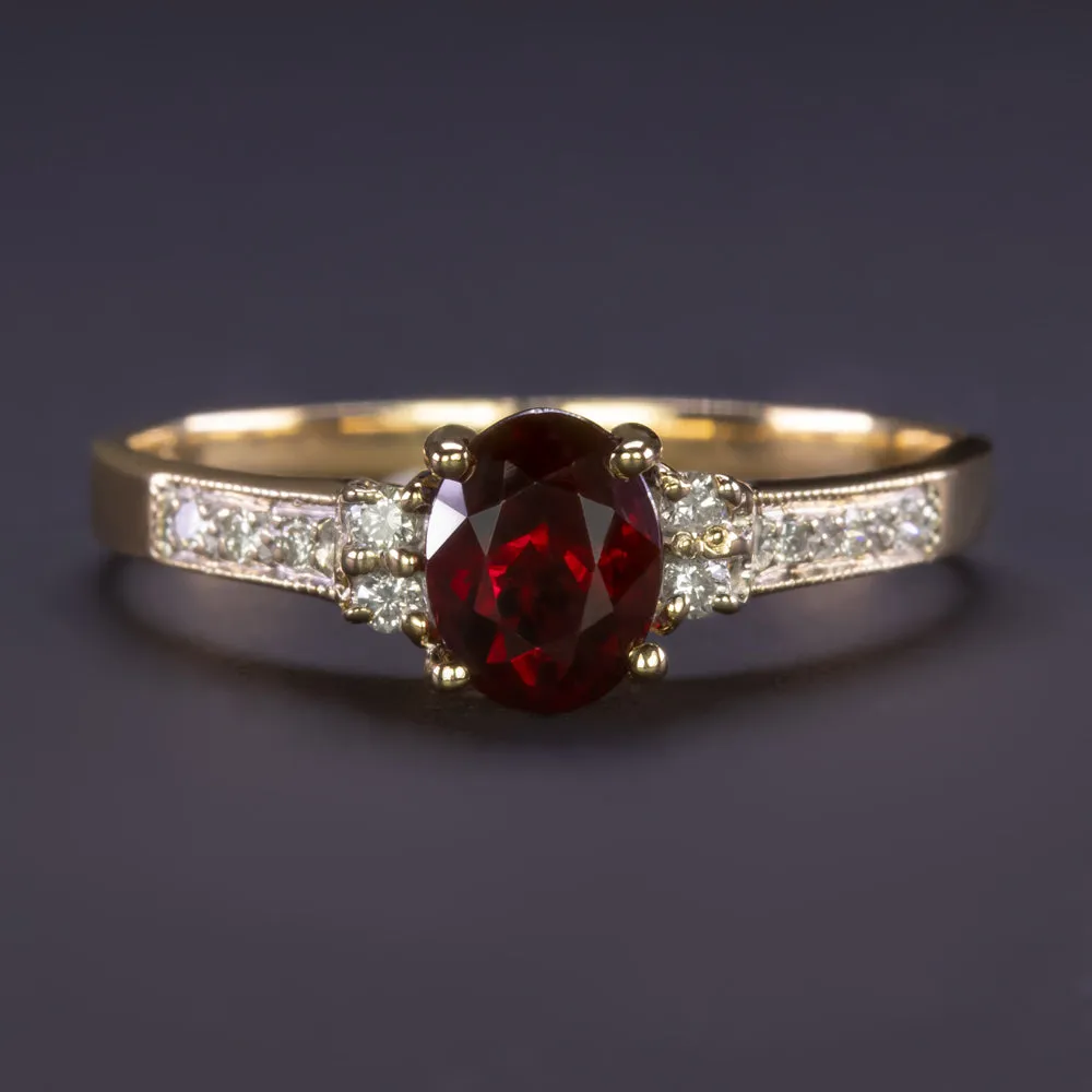 RUBY DIAMOND 18k ENGAGEMENT RING NATURAL YELLOW GOLD COCKTAIL OVAL RED CLASSIC