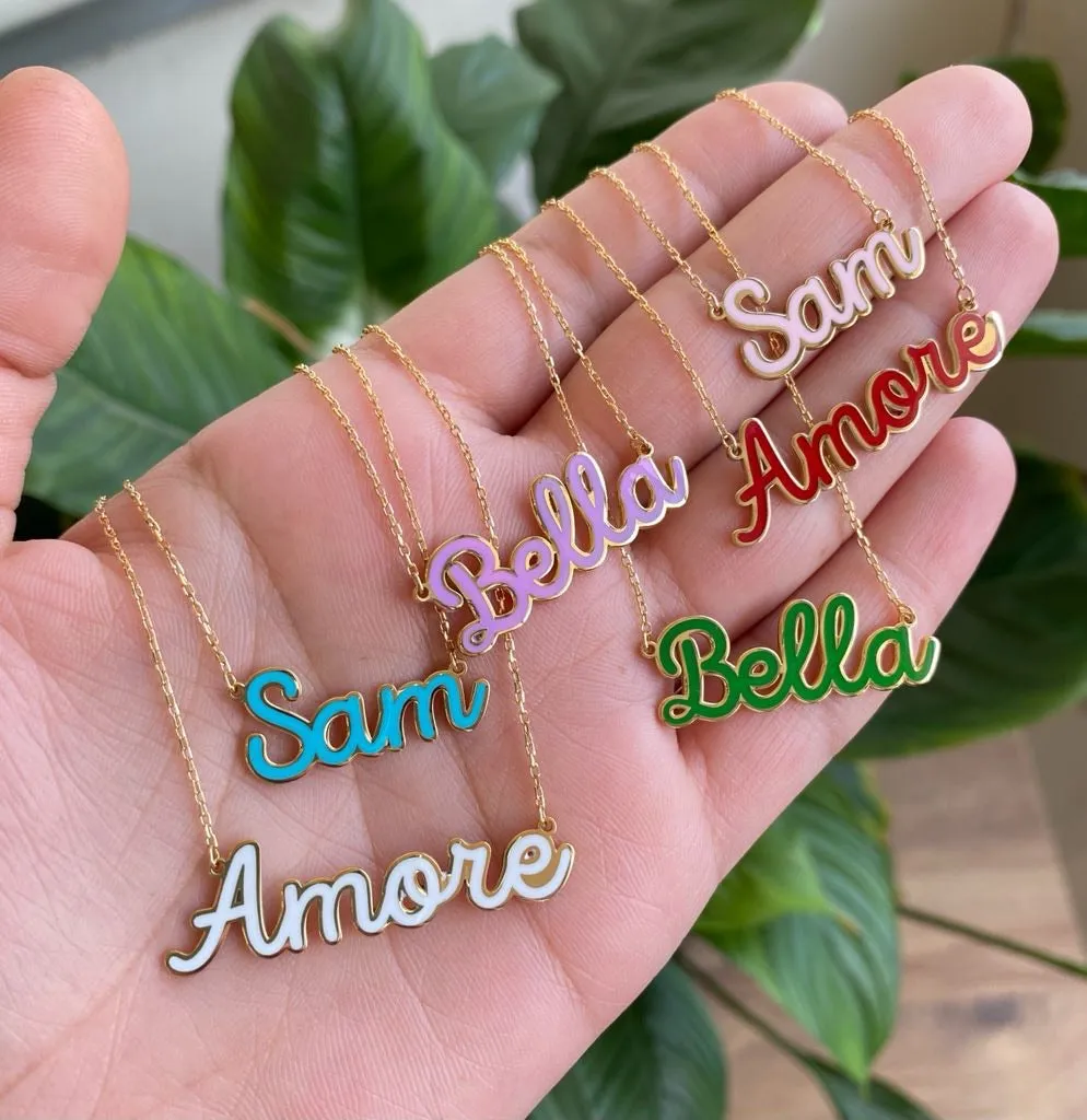 Samantha Script Enamel Nameplate Necklace