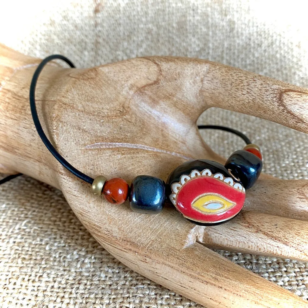 Shungite Necklace w/Colorful Stoneware Lentil Bead, Jasper & Brass