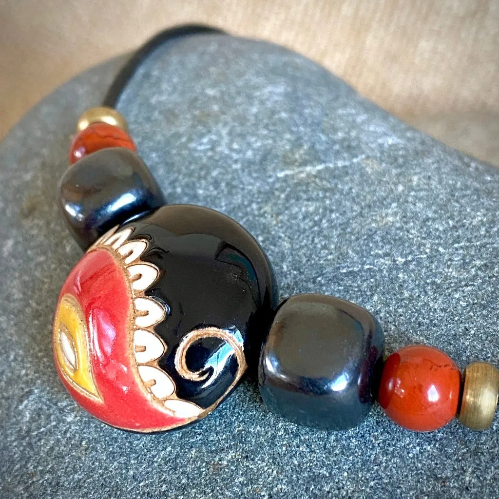 Shungite Necklace w/Colorful Stoneware Lentil Bead, Jasper & Brass