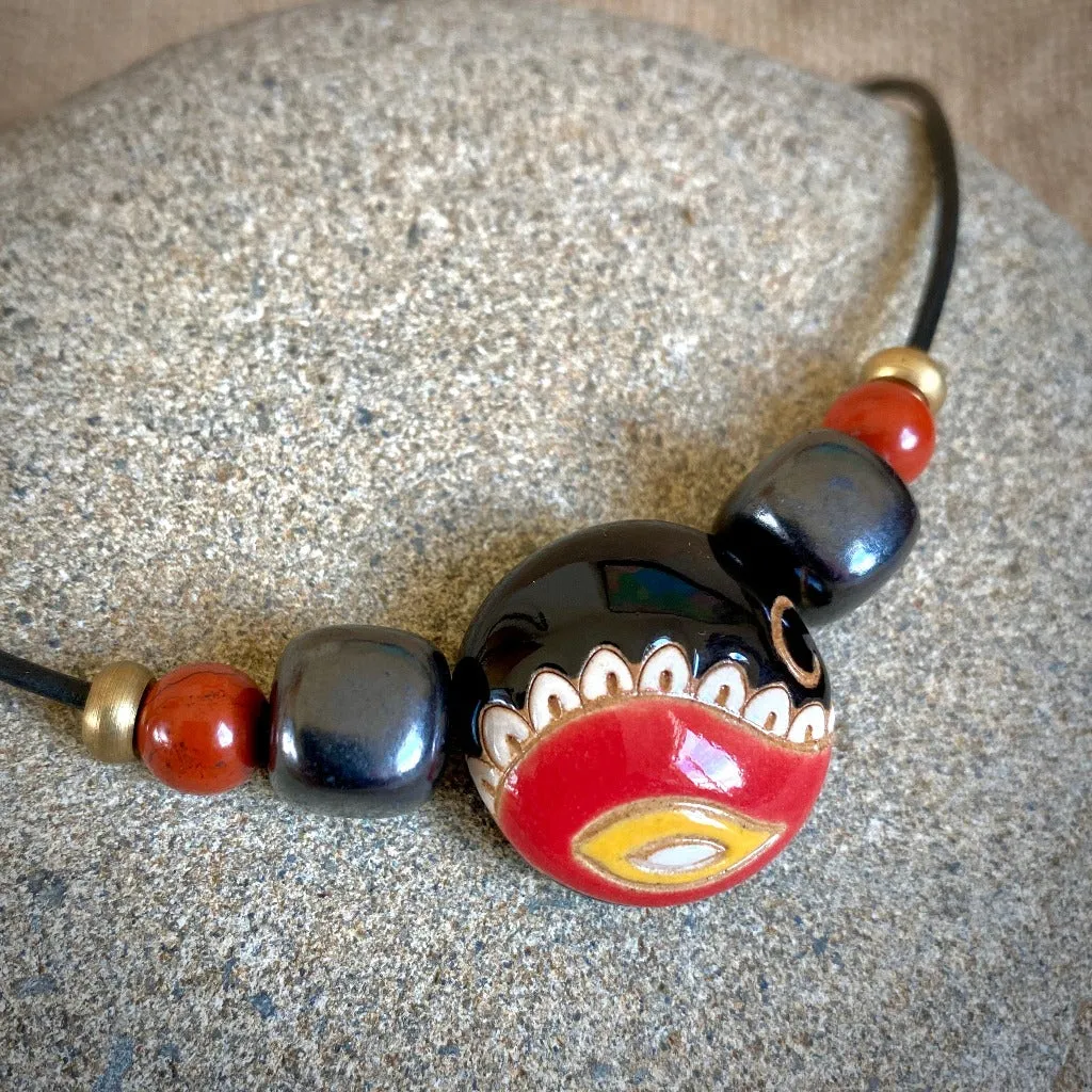 Shungite Necklace w/Colorful Stoneware Lentil Bead, Jasper & Brass