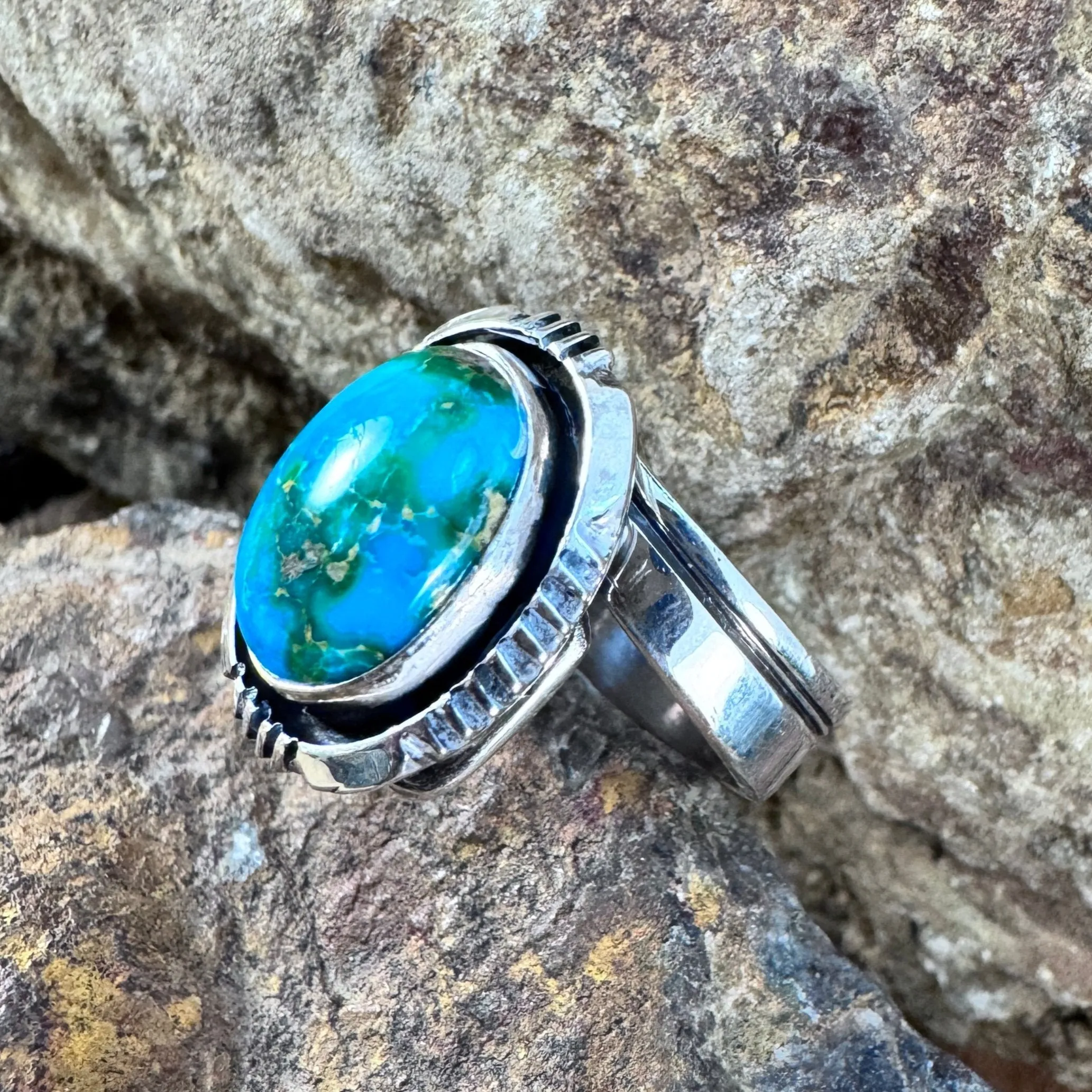 Sonoran Gold Turquoise Sterling Silver Ring by Wil Denetdale Size 6 3/4 Adj