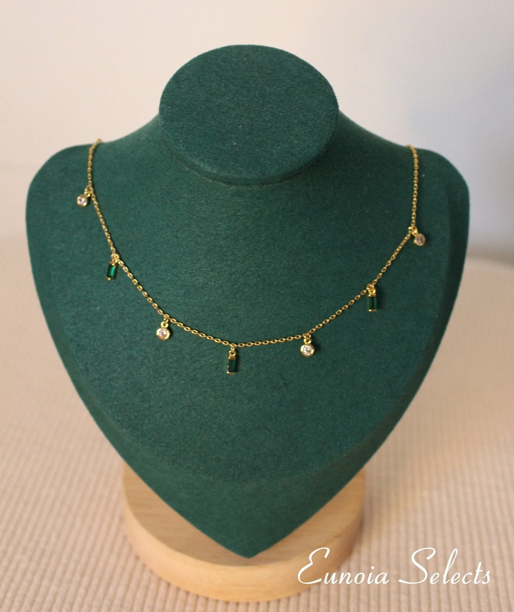 Tessa Emerald Green Necklace Dainty Dangle Charms   18K Gold Chain | May BirthStone