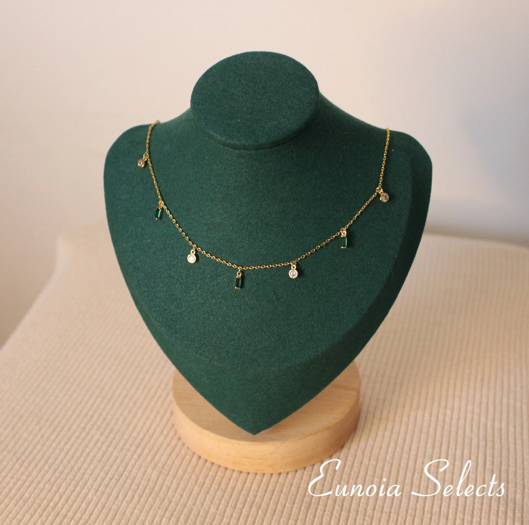 Tessa Emerald Green Necklace Dainty Dangle Charms   18K Gold Chain | May BirthStone