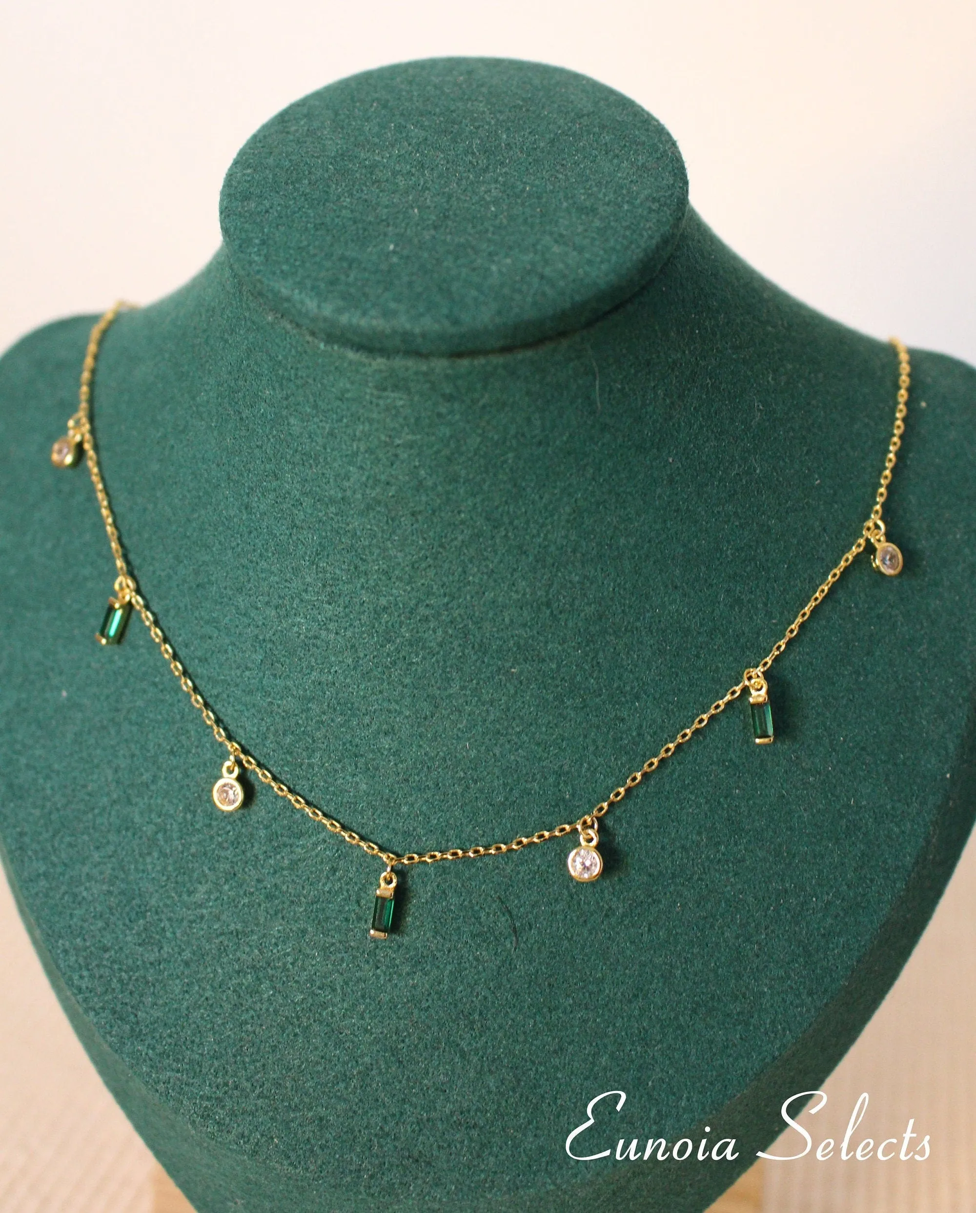 Tessa Emerald Green Necklace Dainty Dangle Charms   18K Gold Chain | May BirthStone