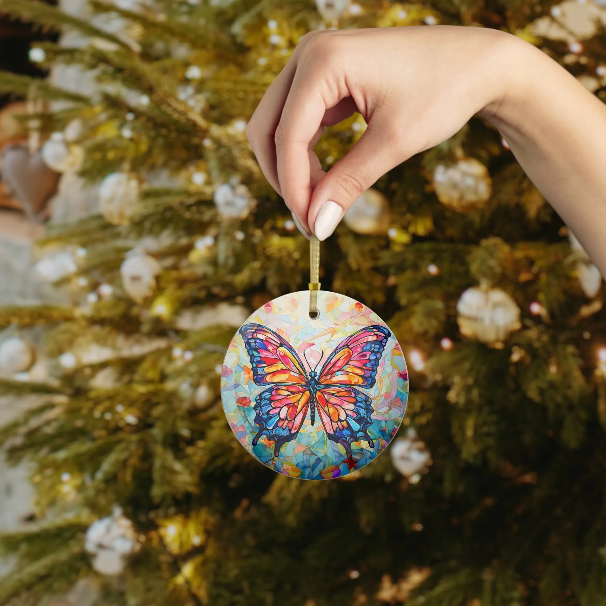 Vibrant Butterfly Decorative Art Glass Ornament