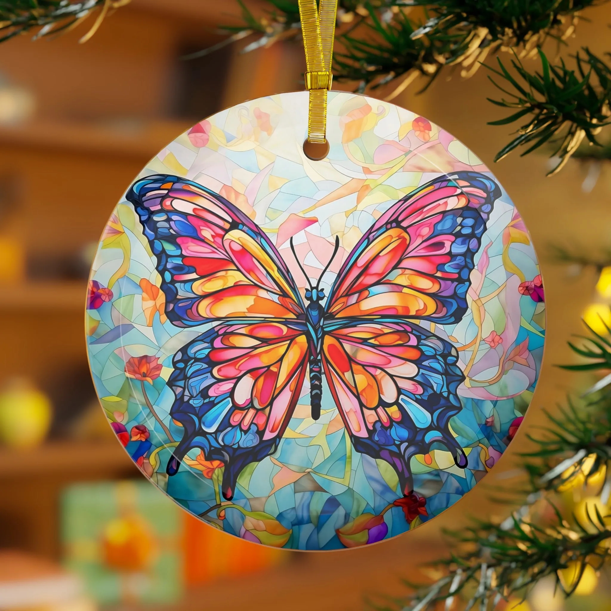 Vibrant Butterfly Decorative Art Glass Ornament