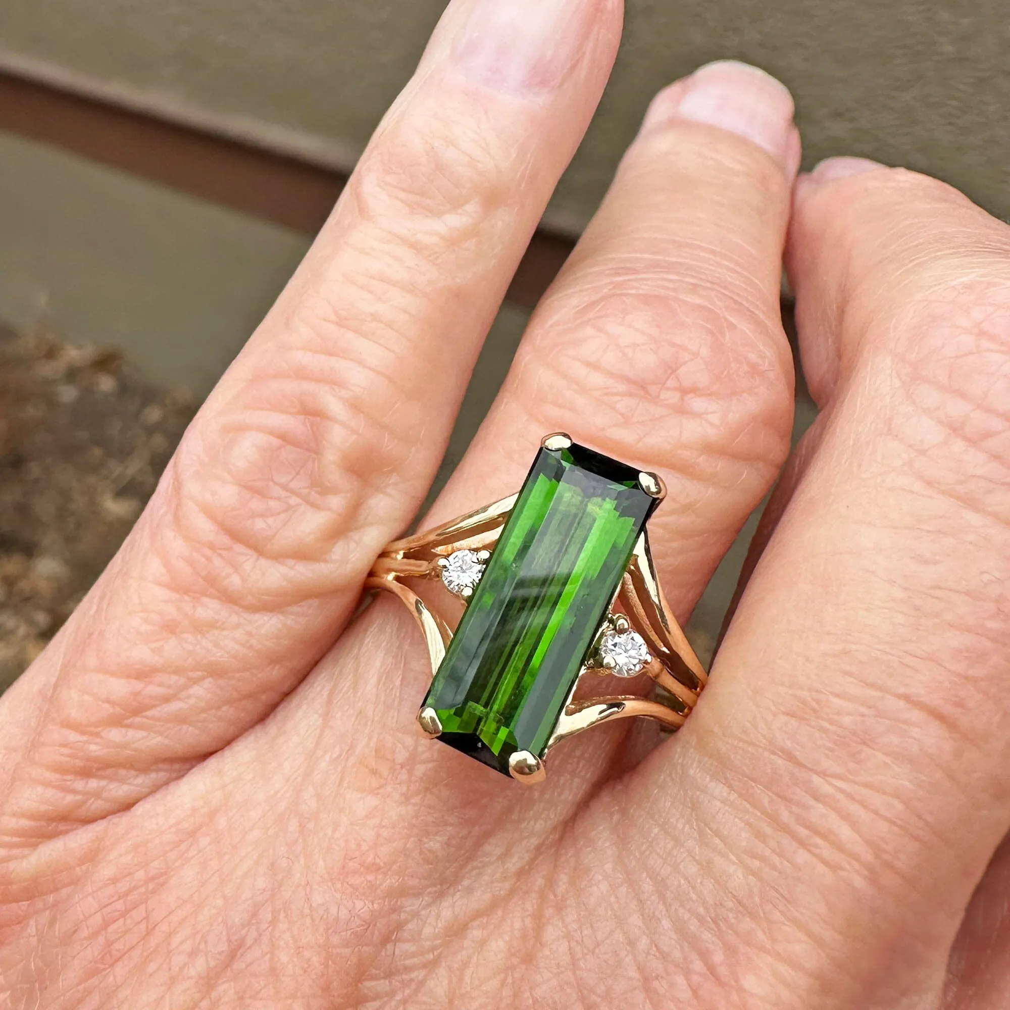 Vintage Diamond 3.75 Carat Green Tourmaline Ring in 14K Gold