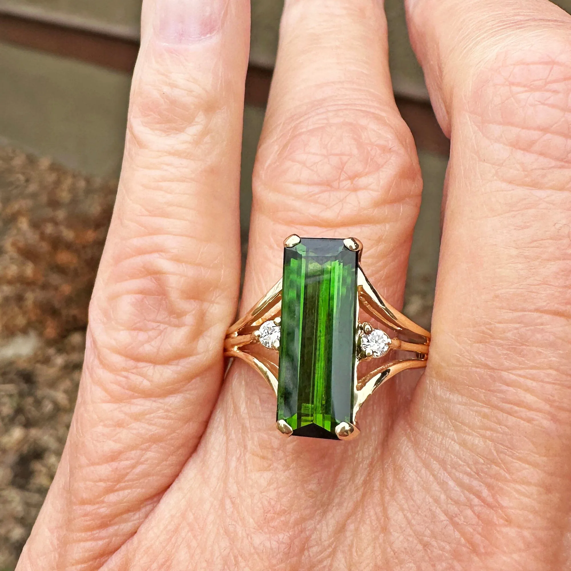 Vintage Diamond 3.75 Carat Green Tourmaline Ring in 14K Gold