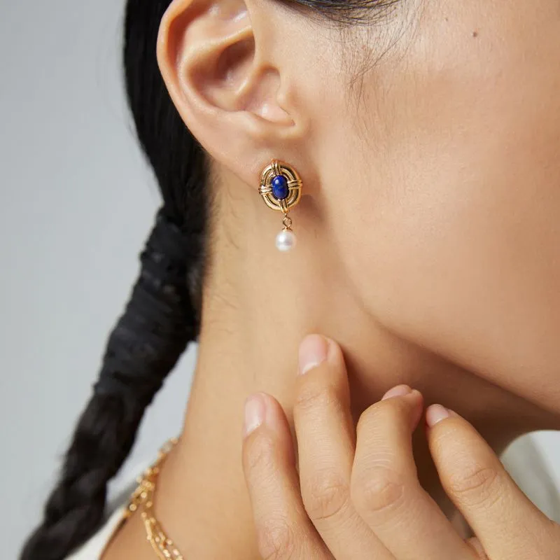 Vintage Lapis Lazuli Stud Earrings-18k Gold Plating