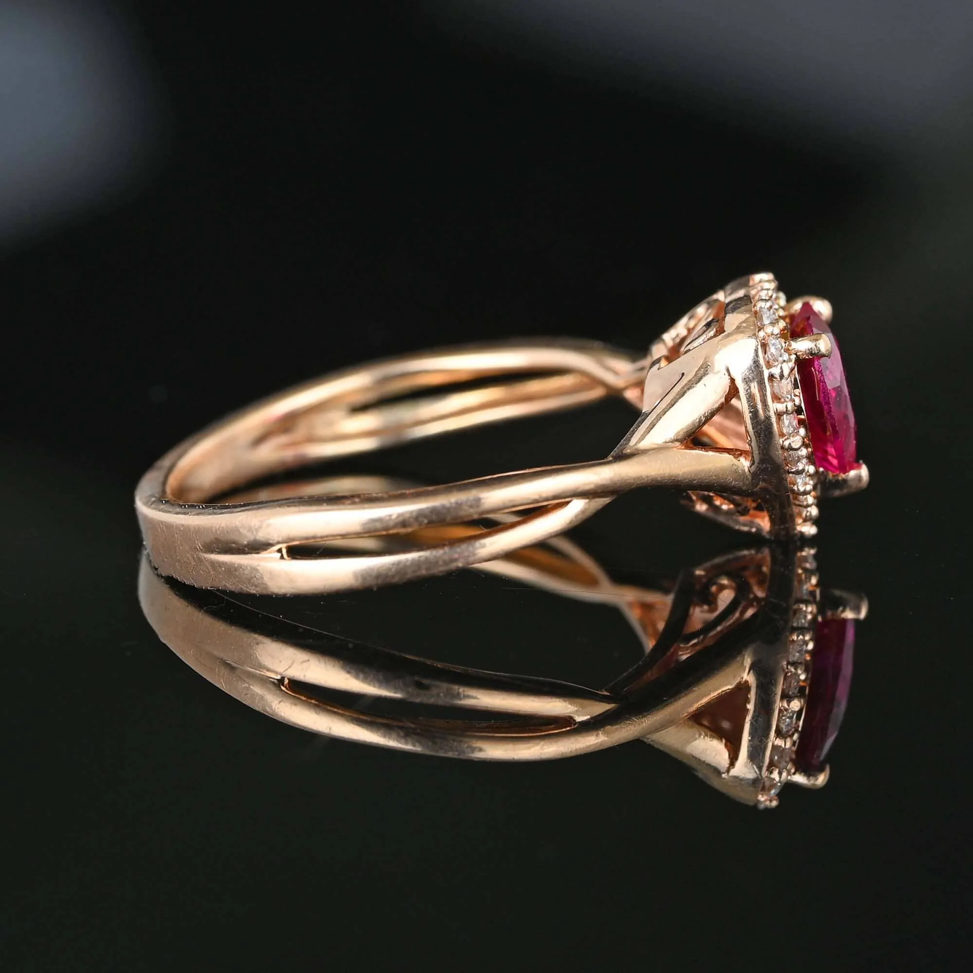 Vintage Rose Gold Diamond Halo Heart Ruby Ring