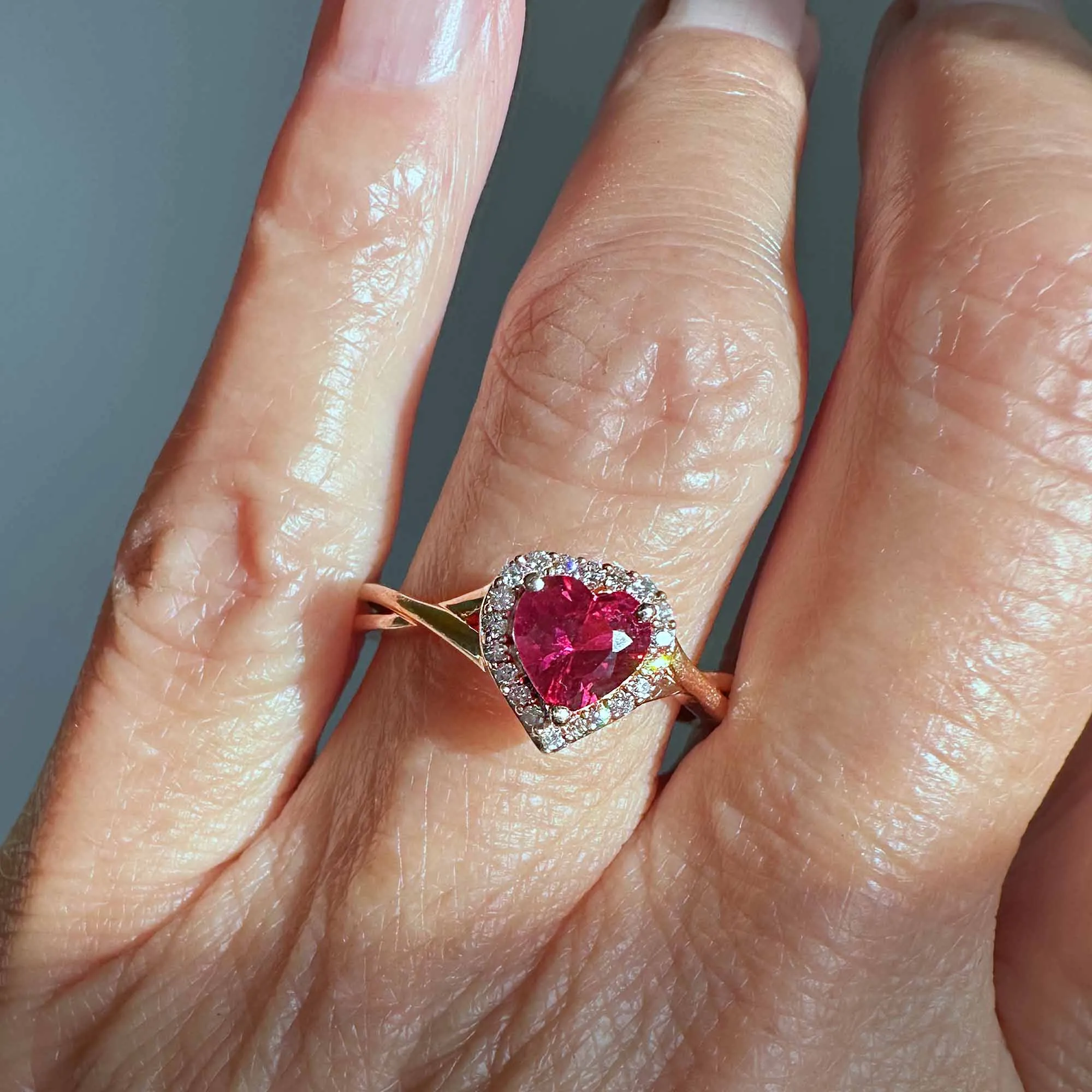 Vintage Rose Gold Diamond Halo Heart Ruby Ring