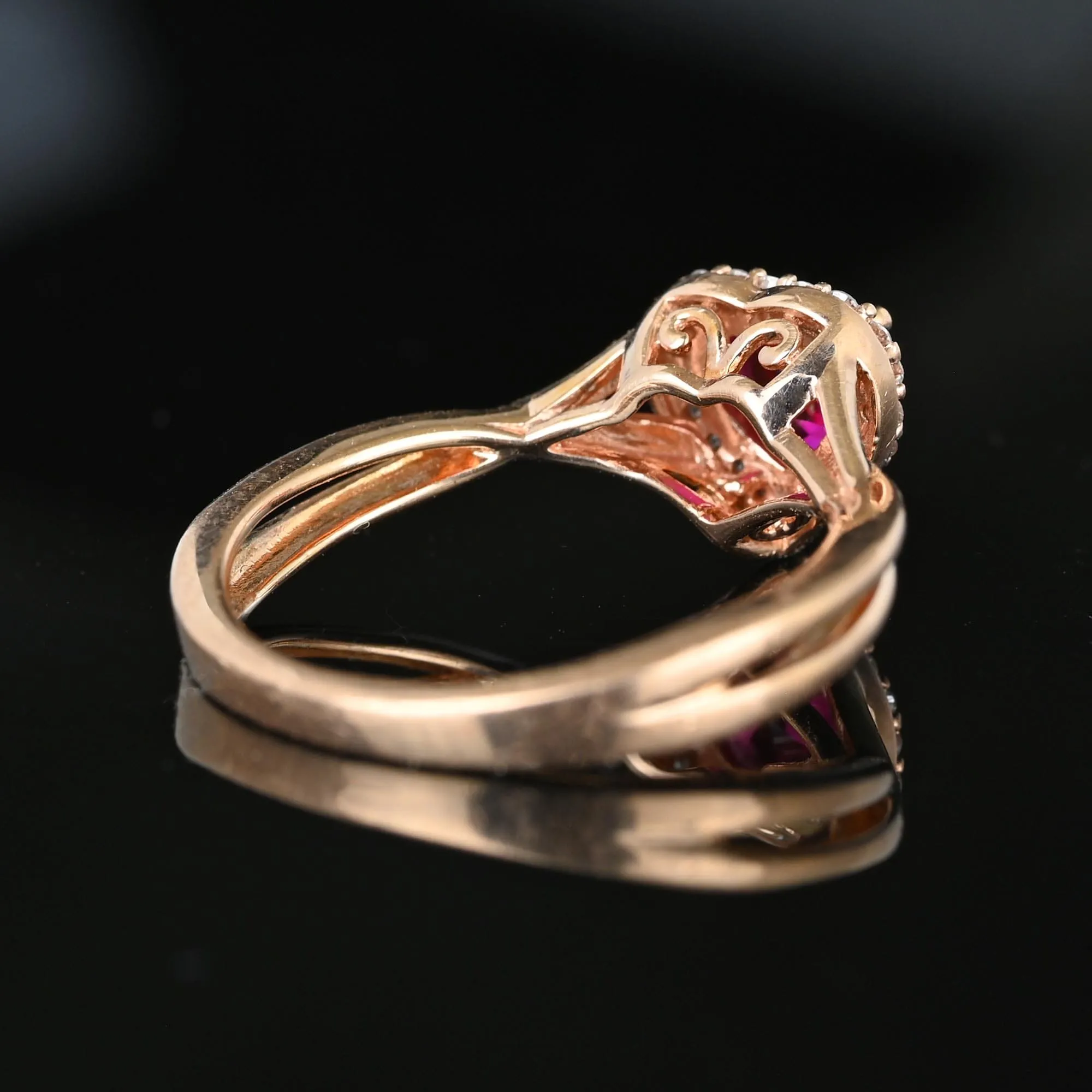 Vintage Rose Gold Diamond Halo Heart Ruby Ring