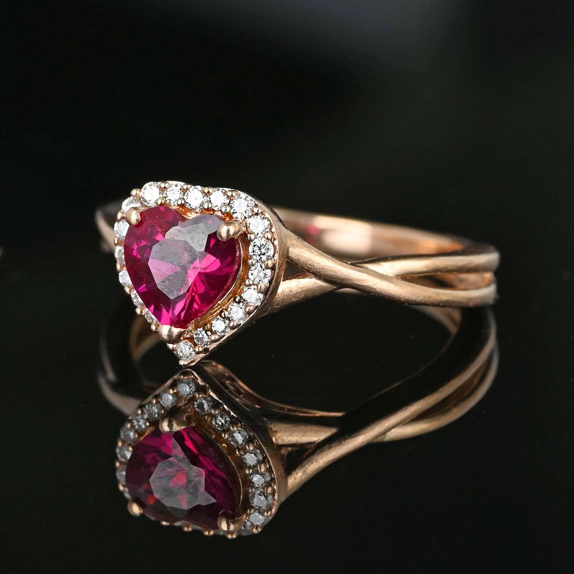 Vintage Rose Gold Diamond Halo Heart Ruby Ring