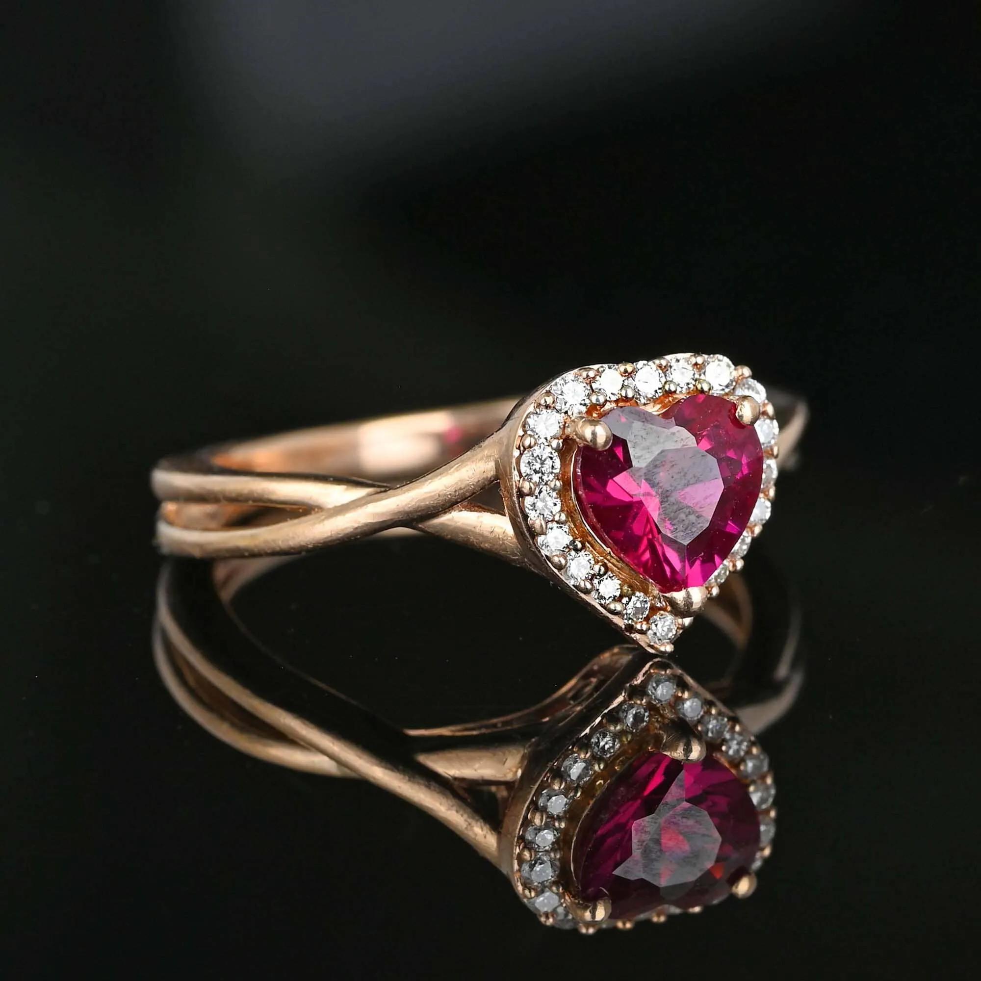 Vintage Rose Gold Diamond Halo Heart Ruby Ring