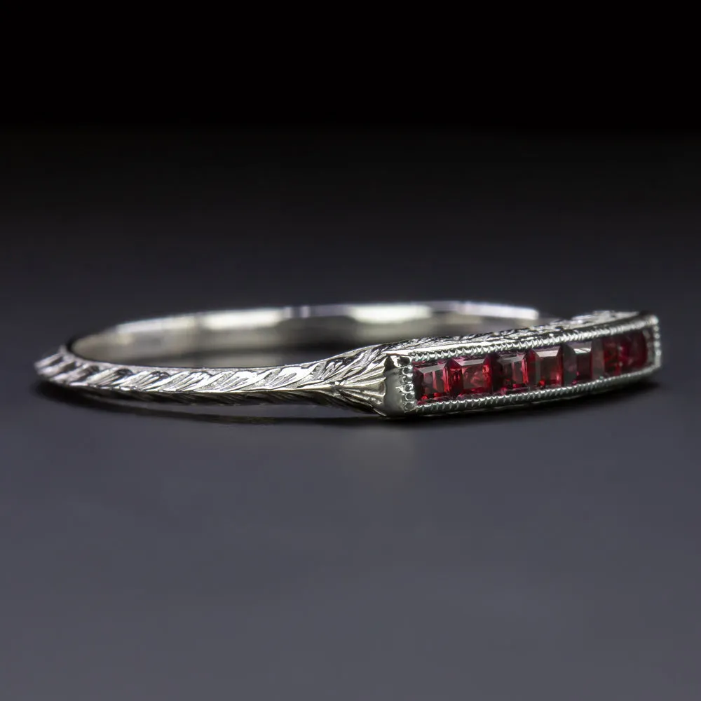 VINTAGE STYLE NATURAL RUBY WEDDING RING 14k WHITE GOLD STACKING BAND ENGRAVED