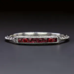 VINTAGE STYLE NATURAL RUBY WEDDING RING 14k WHITE GOLD STACKING BAND ENGRAVED