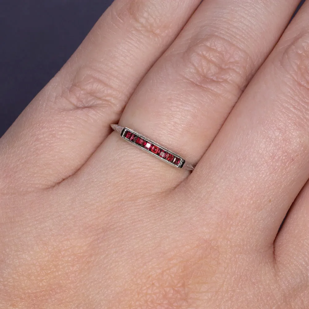 VINTAGE STYLE NATURAL RUBY WEDDING RING 14k WHITE GOLD STACKING BAND ENGRAVED