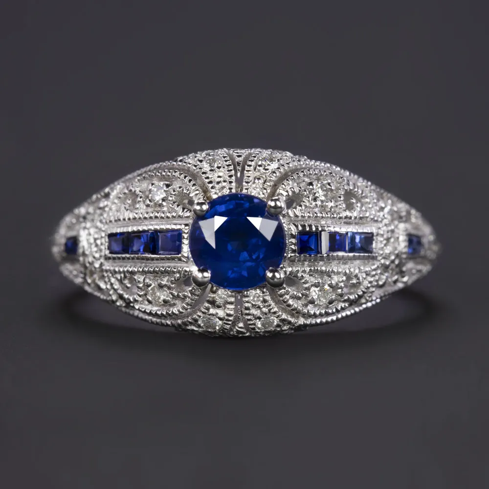 VINTAGE STYLE SAPPHIRE DIAMOND COCKTAIL RING 14k WHITE GOLD ART DECO DOME BLUE