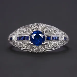 VINTAGE STYLE SAPPHIRE DIAMOND COCKTAIL RING 14k WHITE GOLD ART DECO DOME BLUE